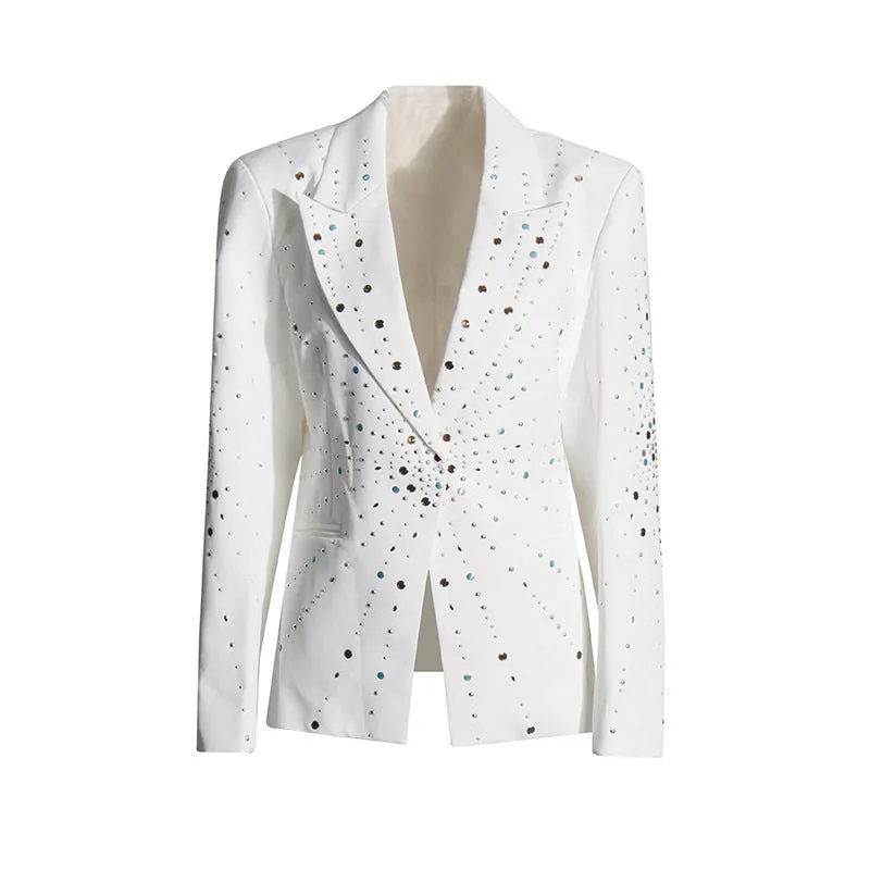 Alika Rhinestone Decor White Blazer
