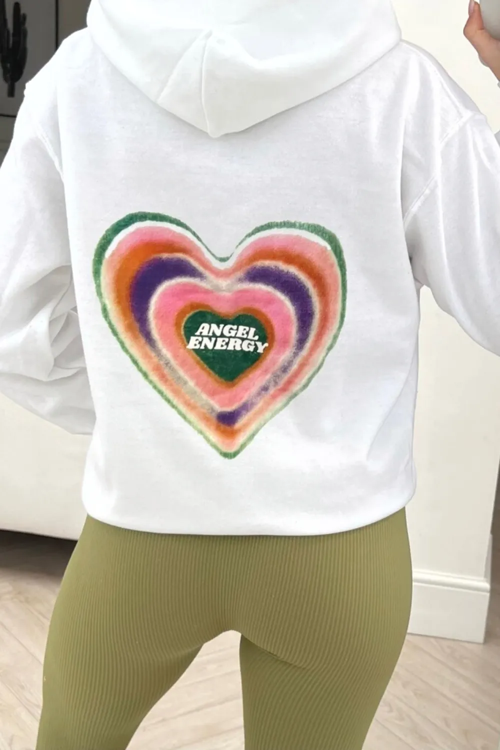 Angel energy white printed drawstring hoodie