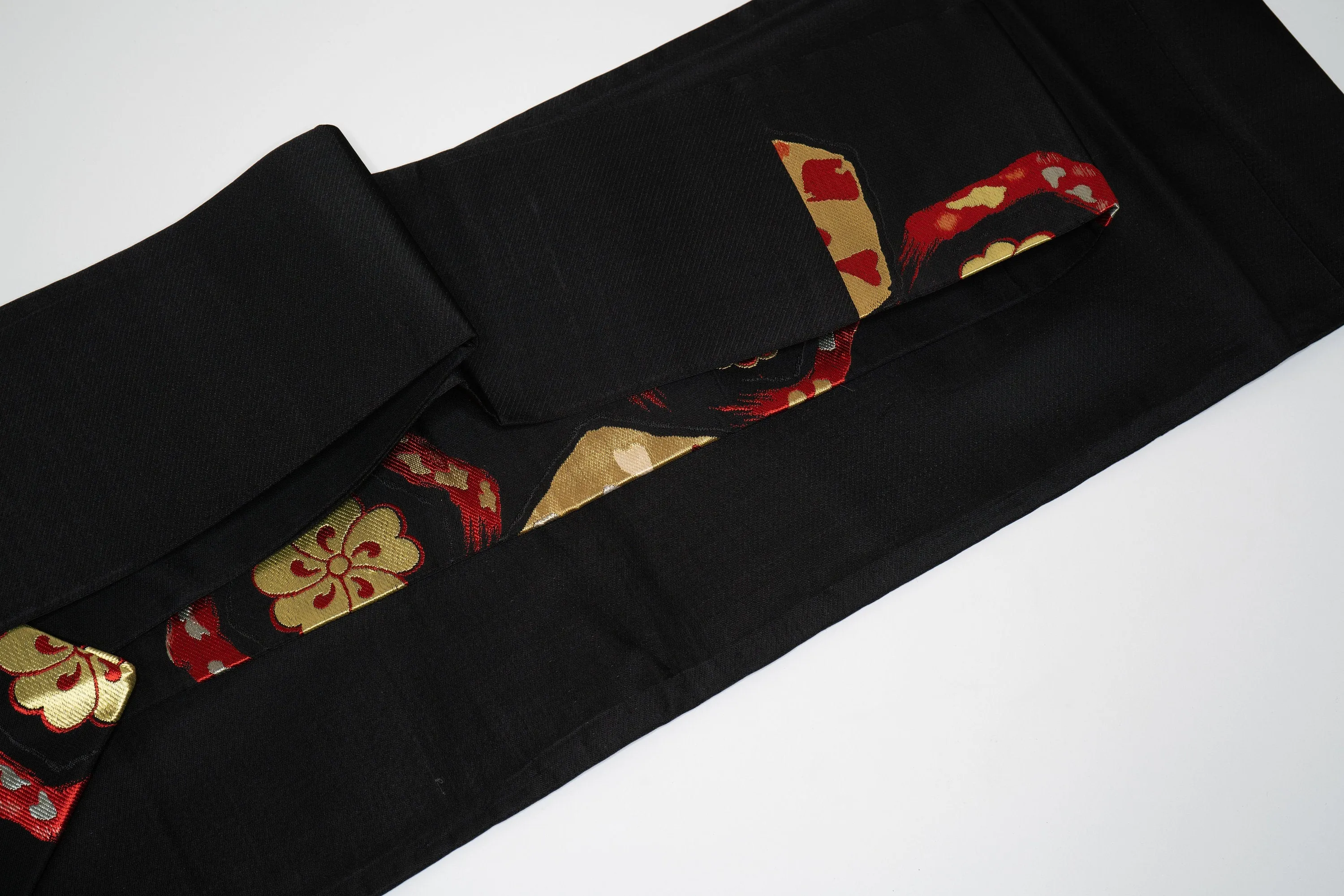 Black Embroidered Nagoya Obi - Floral Kimono Belt - Vintage Silk - Shiny Gold & Red Accents