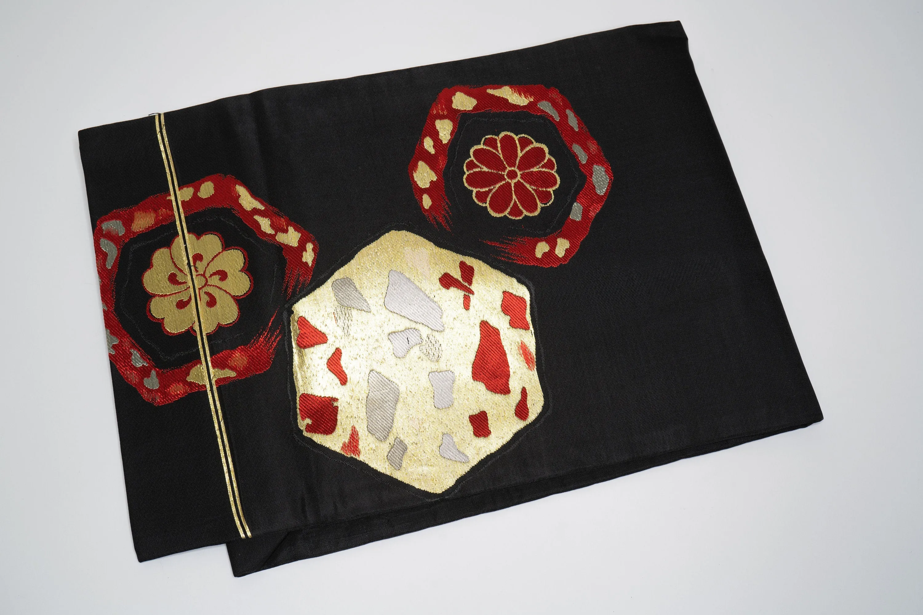 Black Embroidered Nagoya Obi - Floral Kimono Belt - Vintage Silk - Shiny Gold & Red Accents