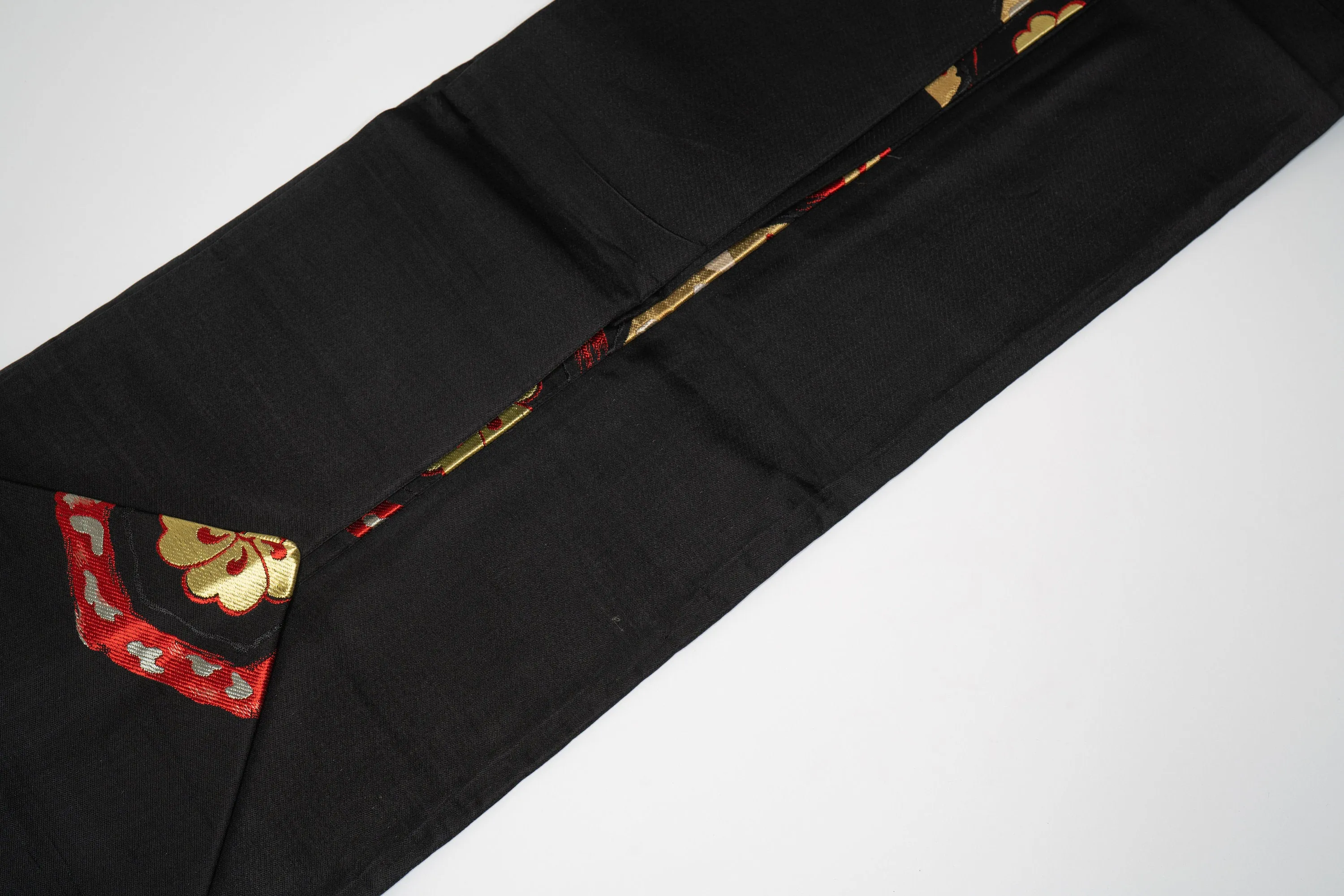 Black Embroidered Nagoya Obi - Floral Kimono Belt - Vintage Silk - Shiny Gold & Red Accents