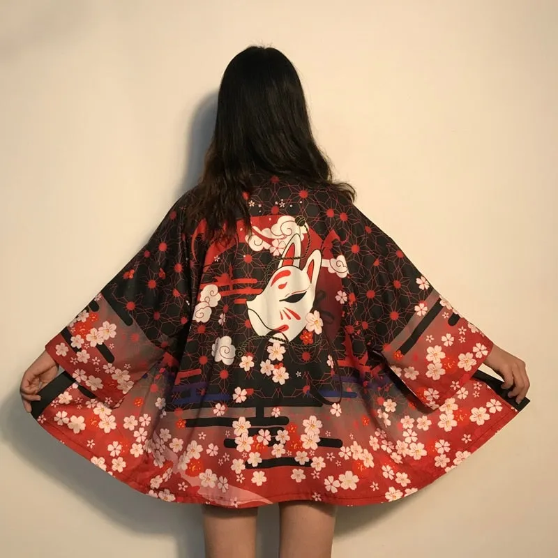Blossom Sakura Fox Mask Wind Kimono Outerwear