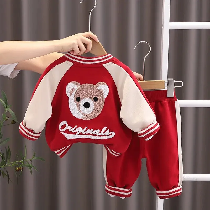 Boys Red Varsity Jacket, T-shirt And Joggers Set