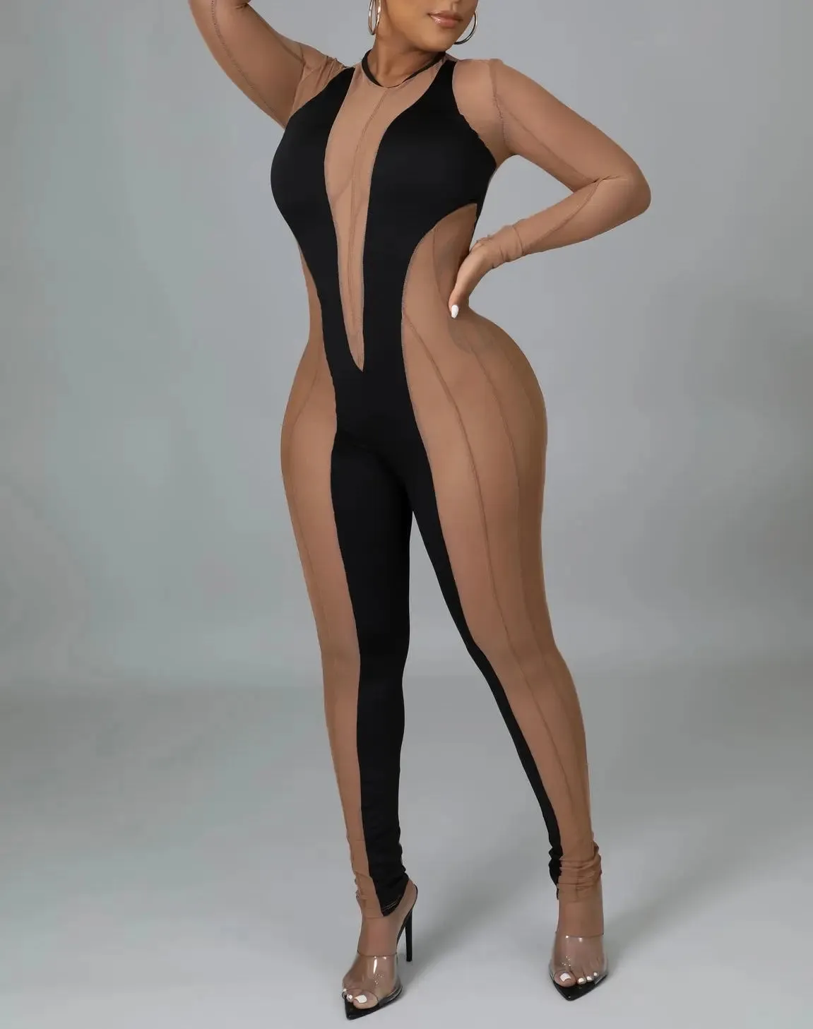 Contrast Mesh Color Block Detail Jumpsuit