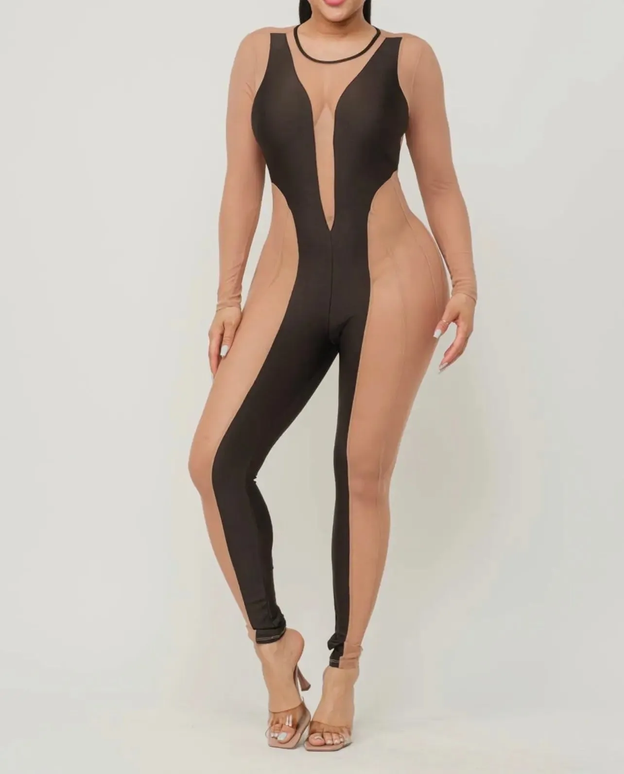 Contrast Mesh Color Block Detail Jumpsuit