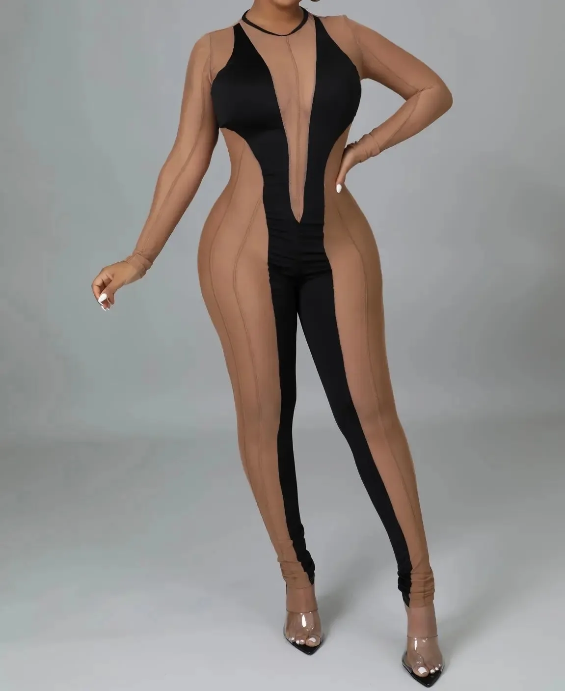 Contrast Mesh Color Block Detail Jumpsuit