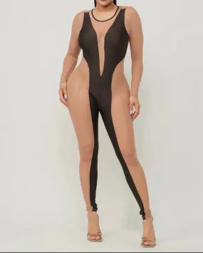 Contrast Mesh Color Block Detail Jumpsuit
