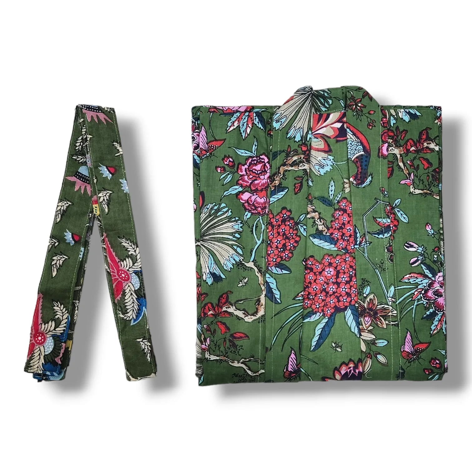 Cotton Hand Printed Kimono Robe German Green
