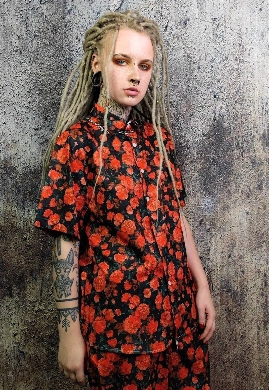 Floral sports set rose pattern shirt & shorts combo in red