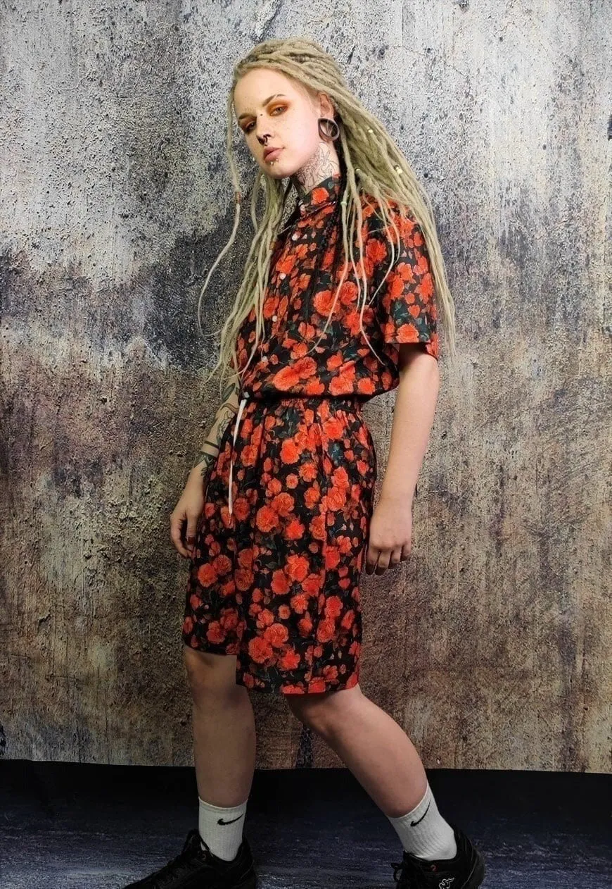 Floral sports set rose pattern shirt & shorts combo in red