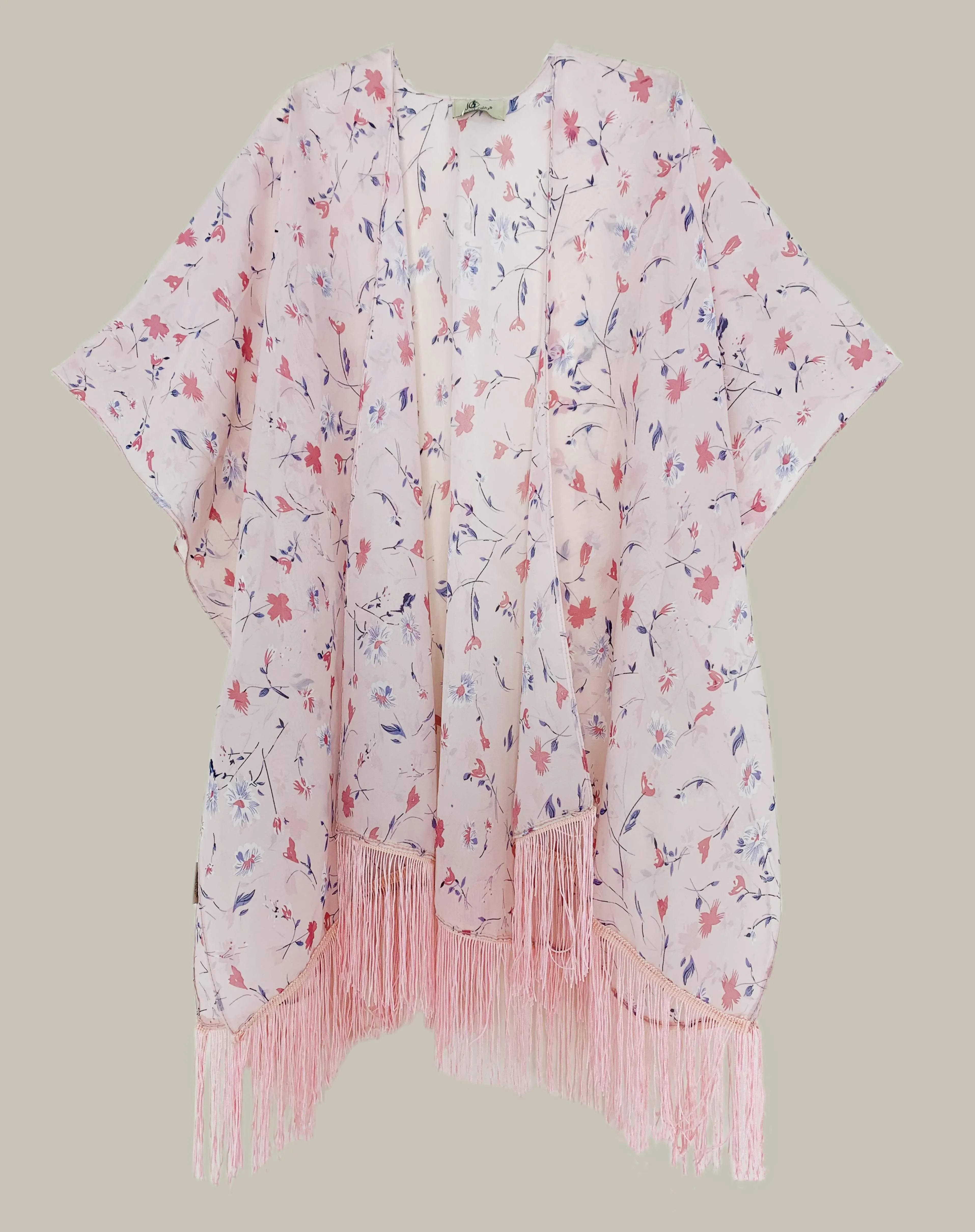 JC083310 Pink Floral Fringe-Detailed Kimono