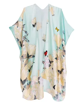 JC083381  Silky Aqua-Multi Magnolia Flower & Butterfly Kimono