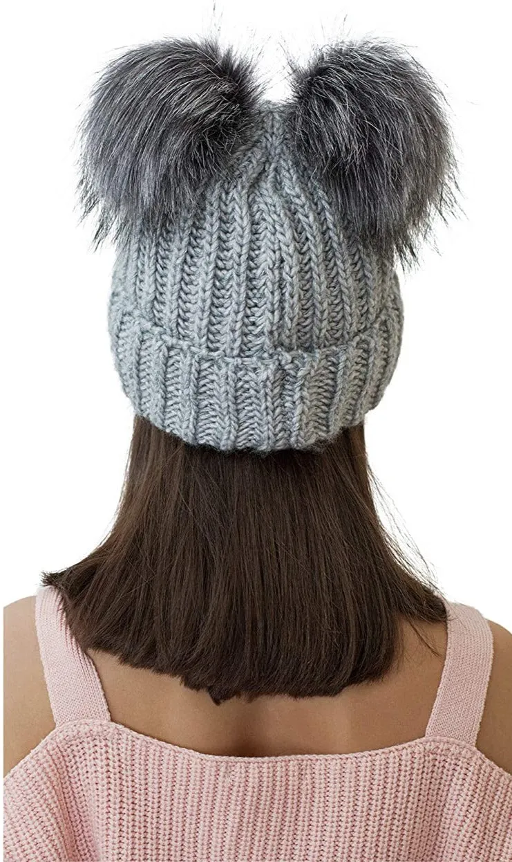 Light Beige Cable Knit Winter Warm Women's Fur Pom Pom Hat