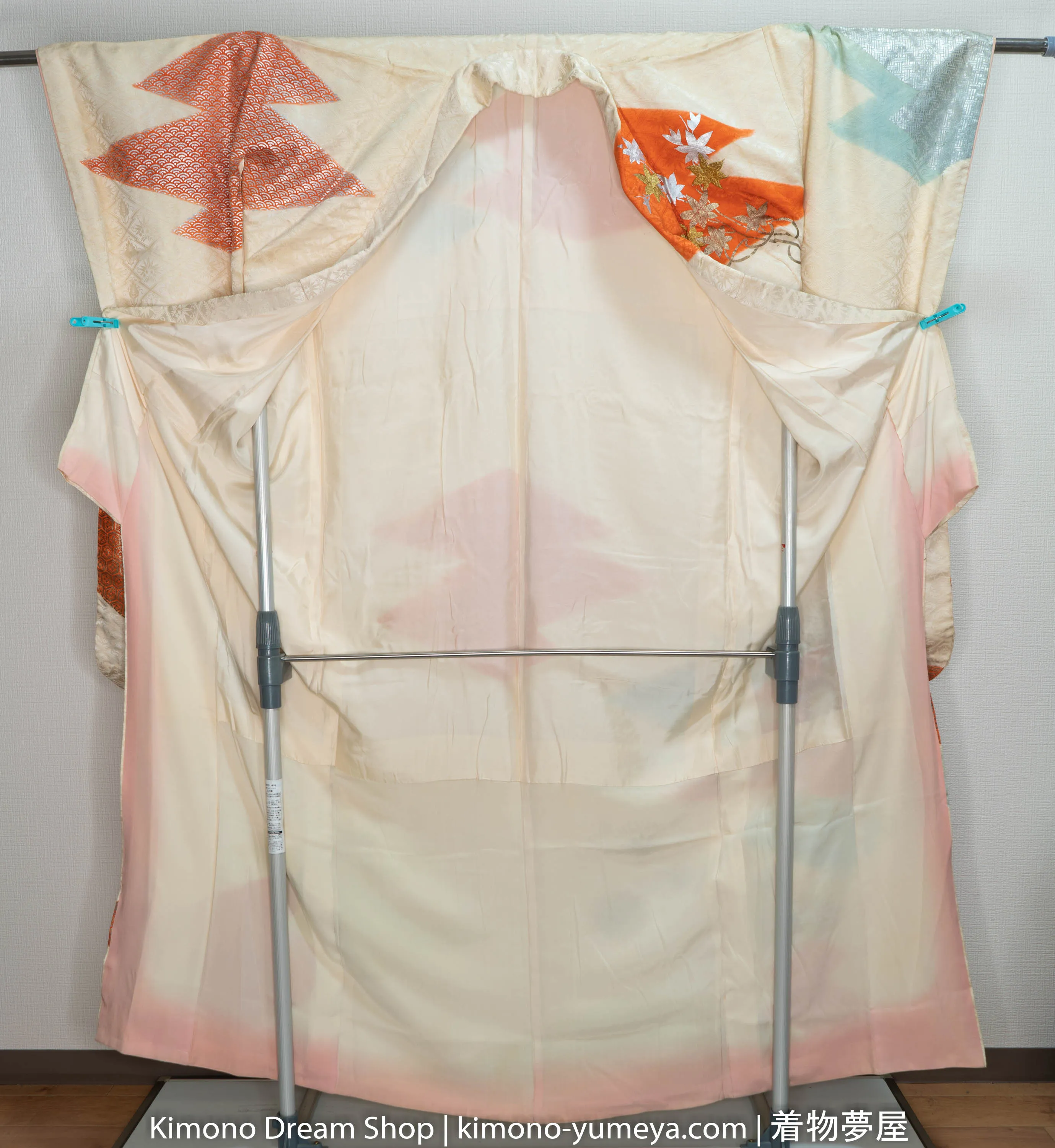 Light Beige Furisode - Flowers Autumn Light Baby Blue Red Shiny Silver Tortoise Shell Kikko Patterns