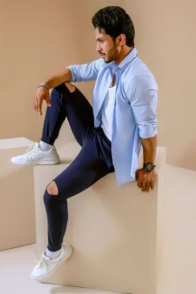 Navy Blue Jogger With Knee Rip Detail