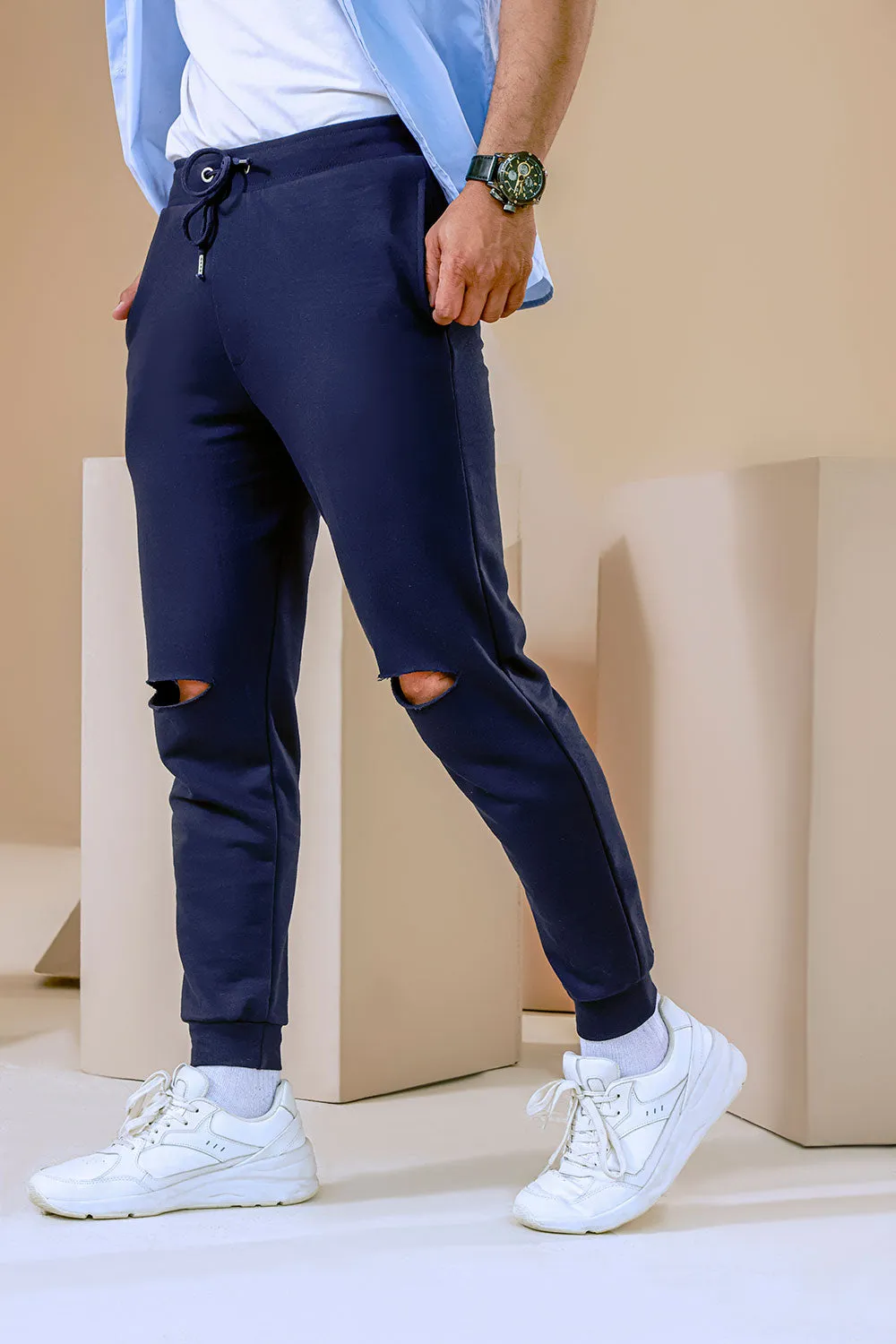Navy Blue Jogger With Knee Rip Detail