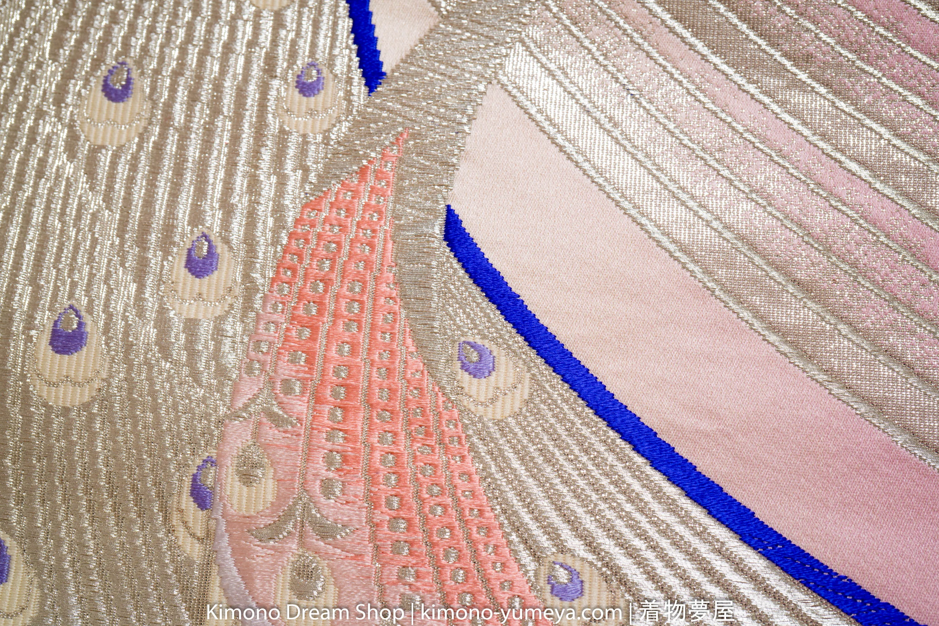 Pink White Wedding Pattern Abstract Peacocks Embroidered Fukuro Obi