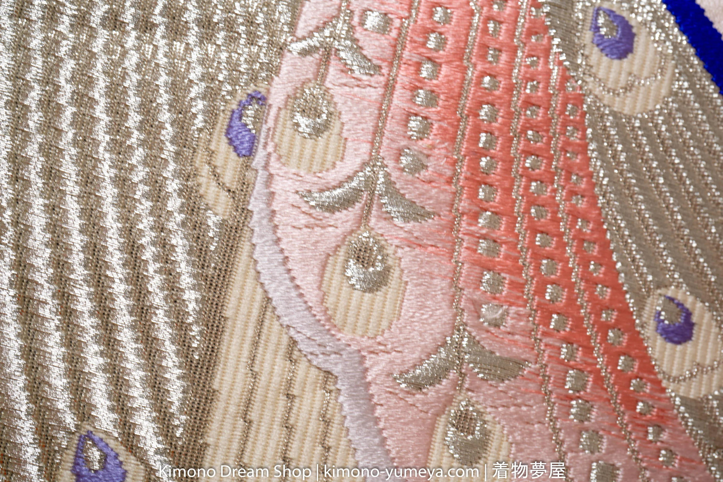 Pink White Wedding Pattern Abstract Peacocks Embroidered Fukuro Obi