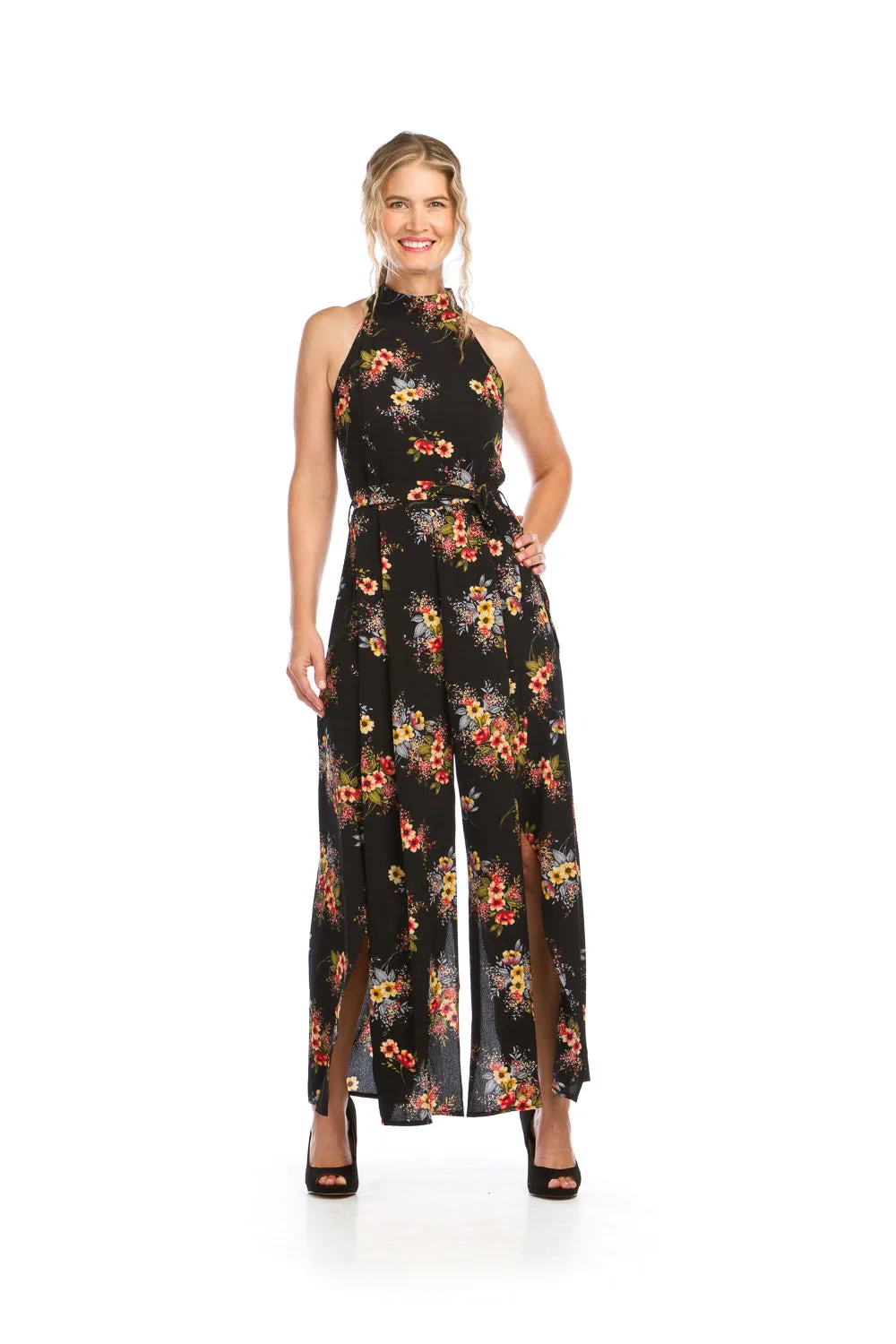 PP16848 BLACK Floral Crepe Halter Neck Jumpsuit