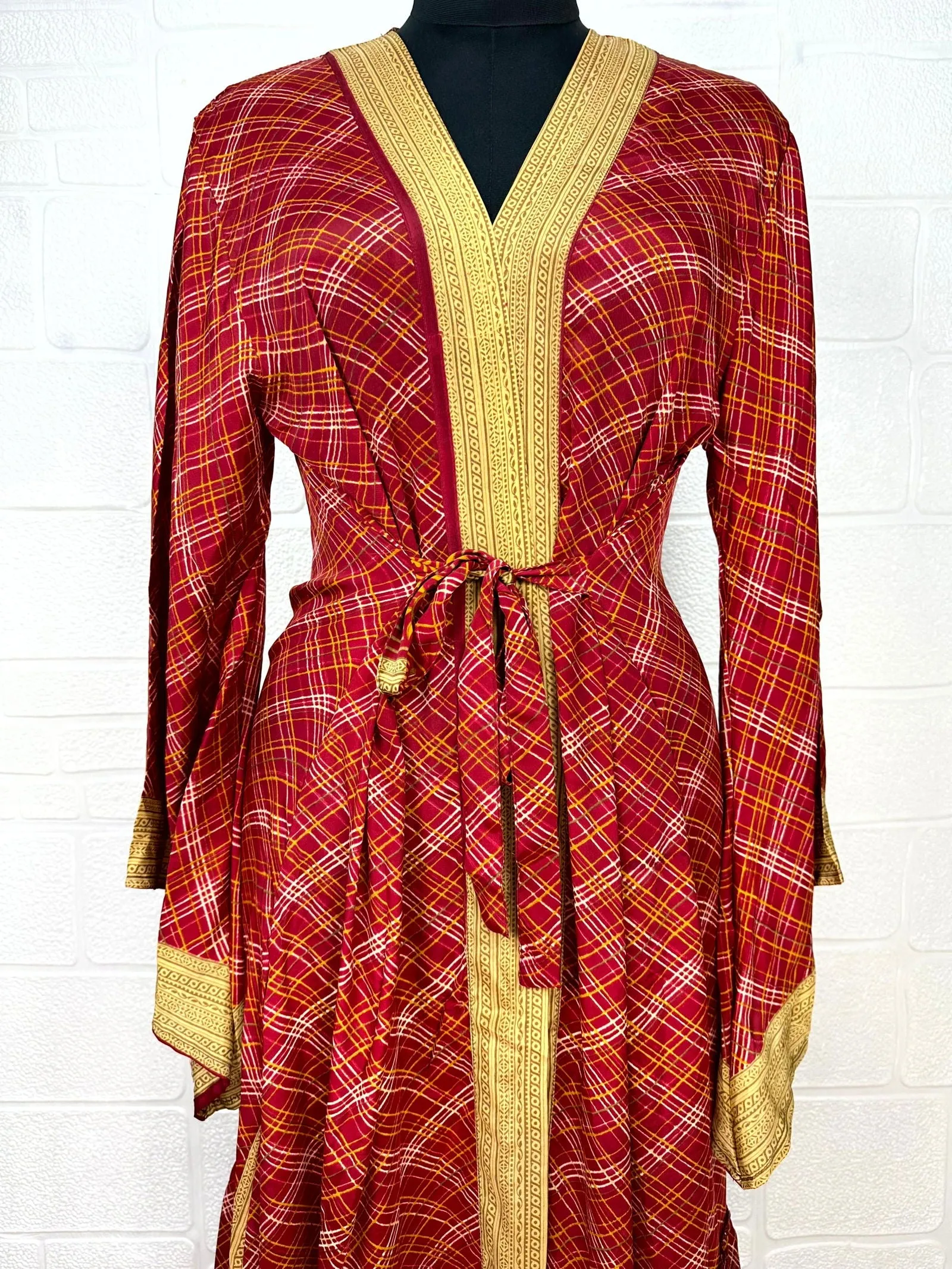 Recycle Boho House Robe Kimono Vintage Silk Sari Dressing Gown, Beach Coverup, Bridesmaid, Anniversary Gift Her | Plaid Print