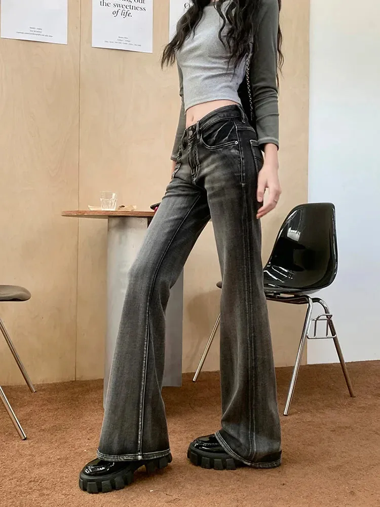 Retro Flare Women Y2k Streetwear Casual Fashion Washed Black 2024 New Jeans