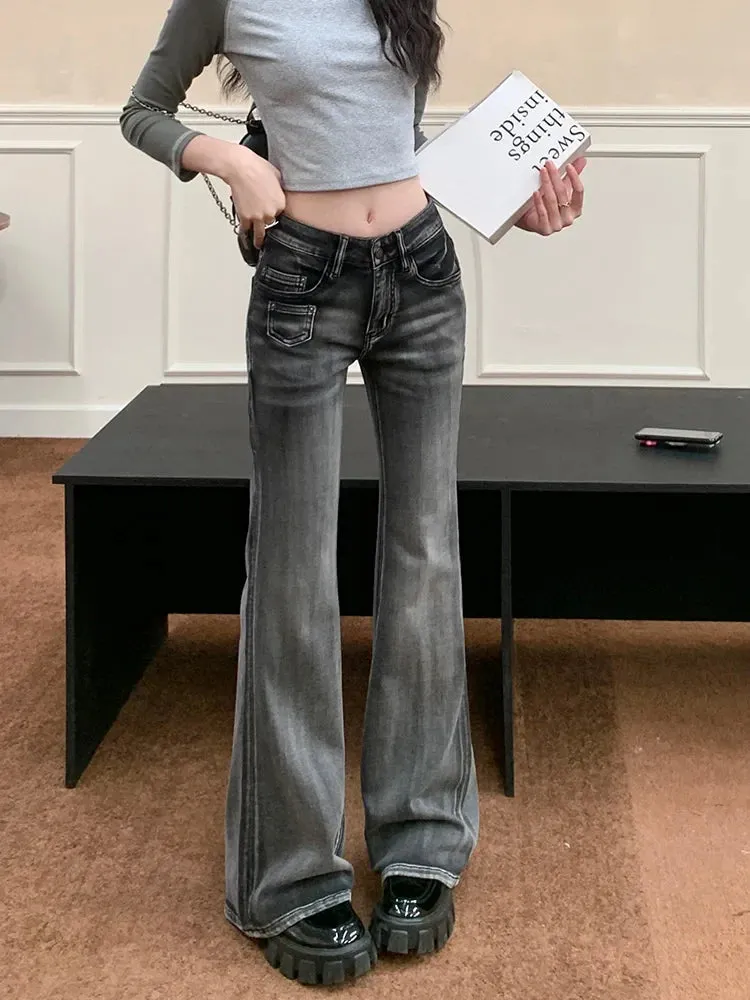 Retro Flare Women Y2k Streetwear Casual Fashion Washed Black 2024 New Jeans