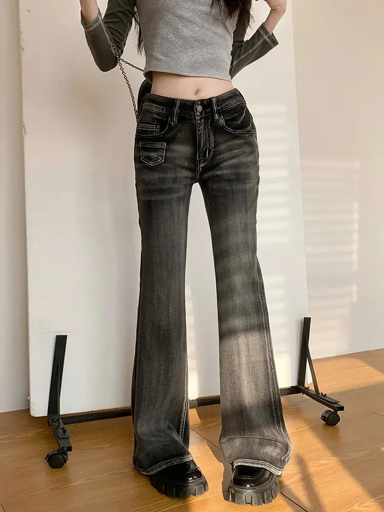 Retro Flare Women Y2k Streetwear Casual Fashion Washed Black 2024 New Jeans