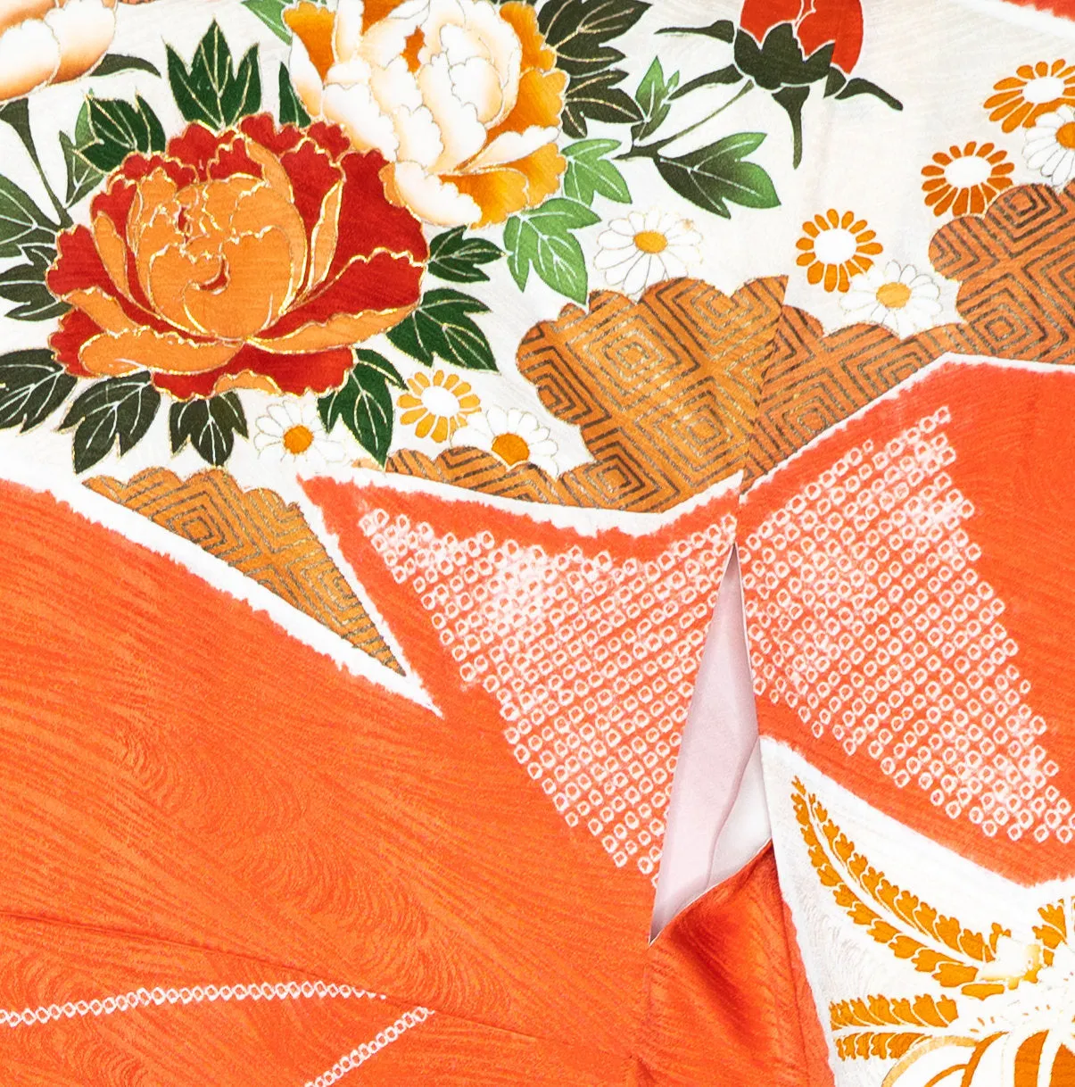 Stunning Orange Shibori Furisode Authenic Japanese Silk Kimono 1990s Retro Modern Chrysanthemum