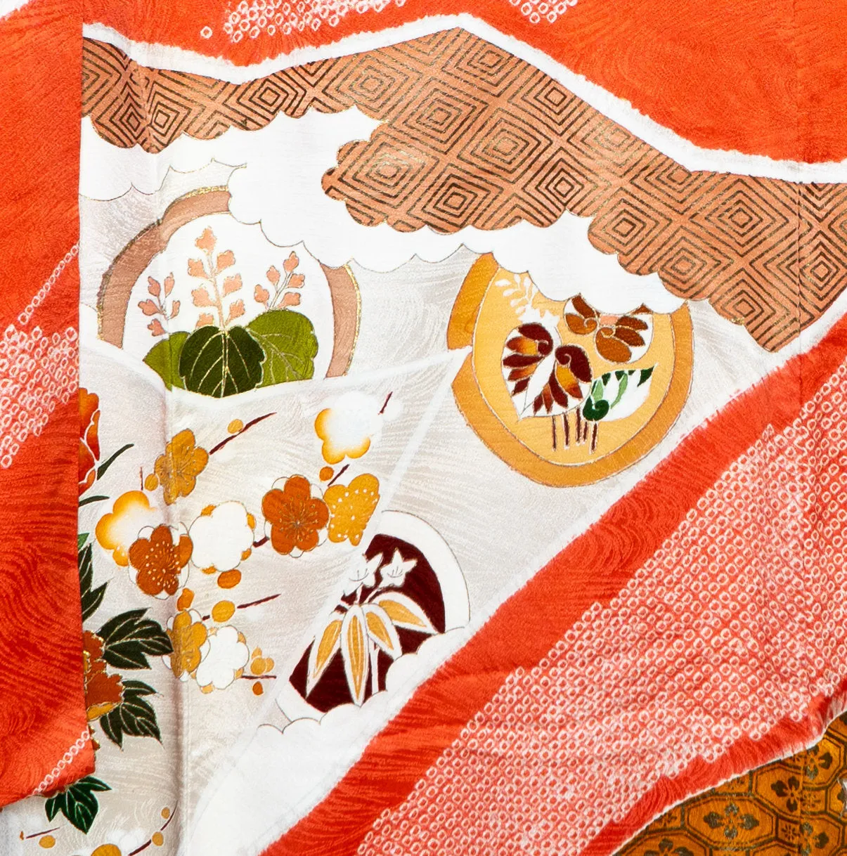 Stunning Orange Shibori Furisode Authenic Japanese Silk Kimono 1990s Retro Modern Chrysanthemum