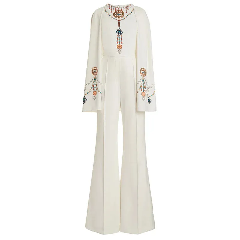 Trend4us Embellished Cape-Sleeve White Jumpsuit