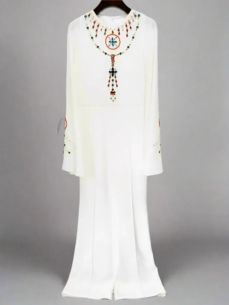 Trend4us Embellished Cape-Sleeve White Jumpsuit