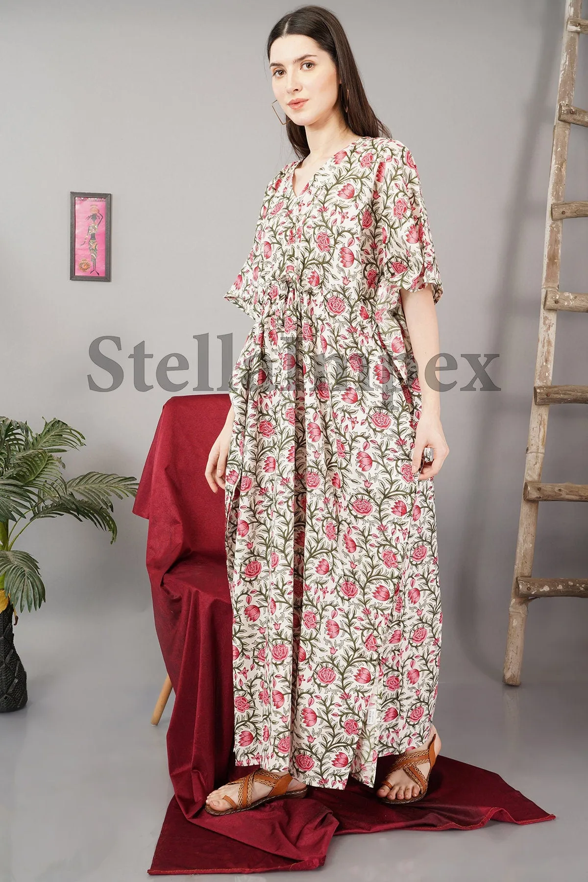 Trendy Handblock Print Cotton Kaftan, Elegant White & Pink Floral Long Caftan Resort Wear Beach Dress Boho Kaftan, Gift for Her