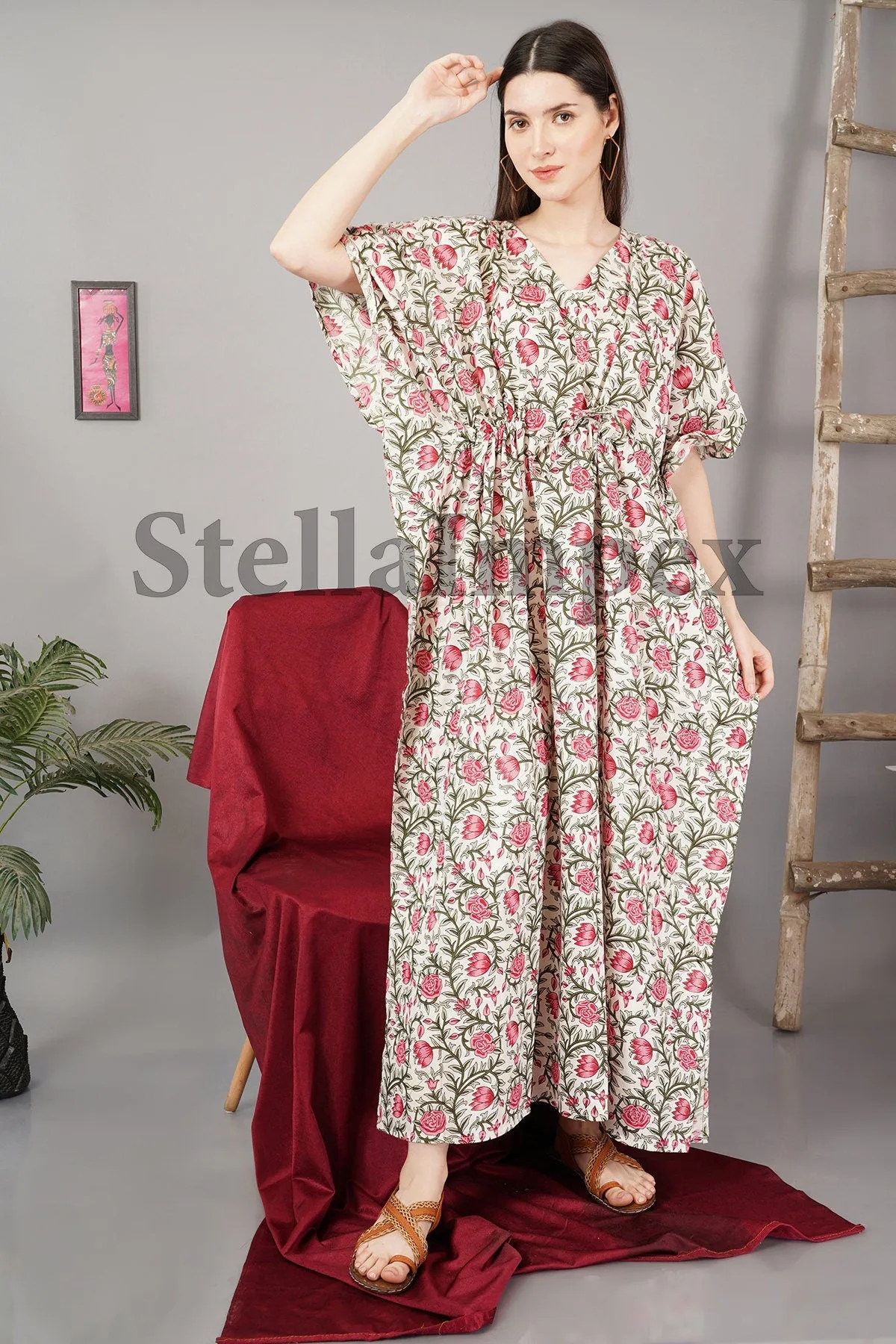 Trendy Handblock Print Cotton Kaftan, Elegant White & Pink Floral Long Caftan Resort Wear Beach Dress Boho Kaftan, Gift for Her