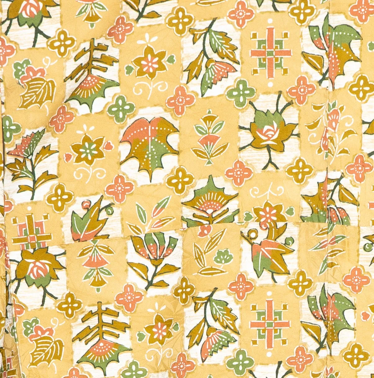 Unused Abstract Floral Patterns Vintage Yellow Japanese Kimono Robe - Crosses, Boxes, Flowers