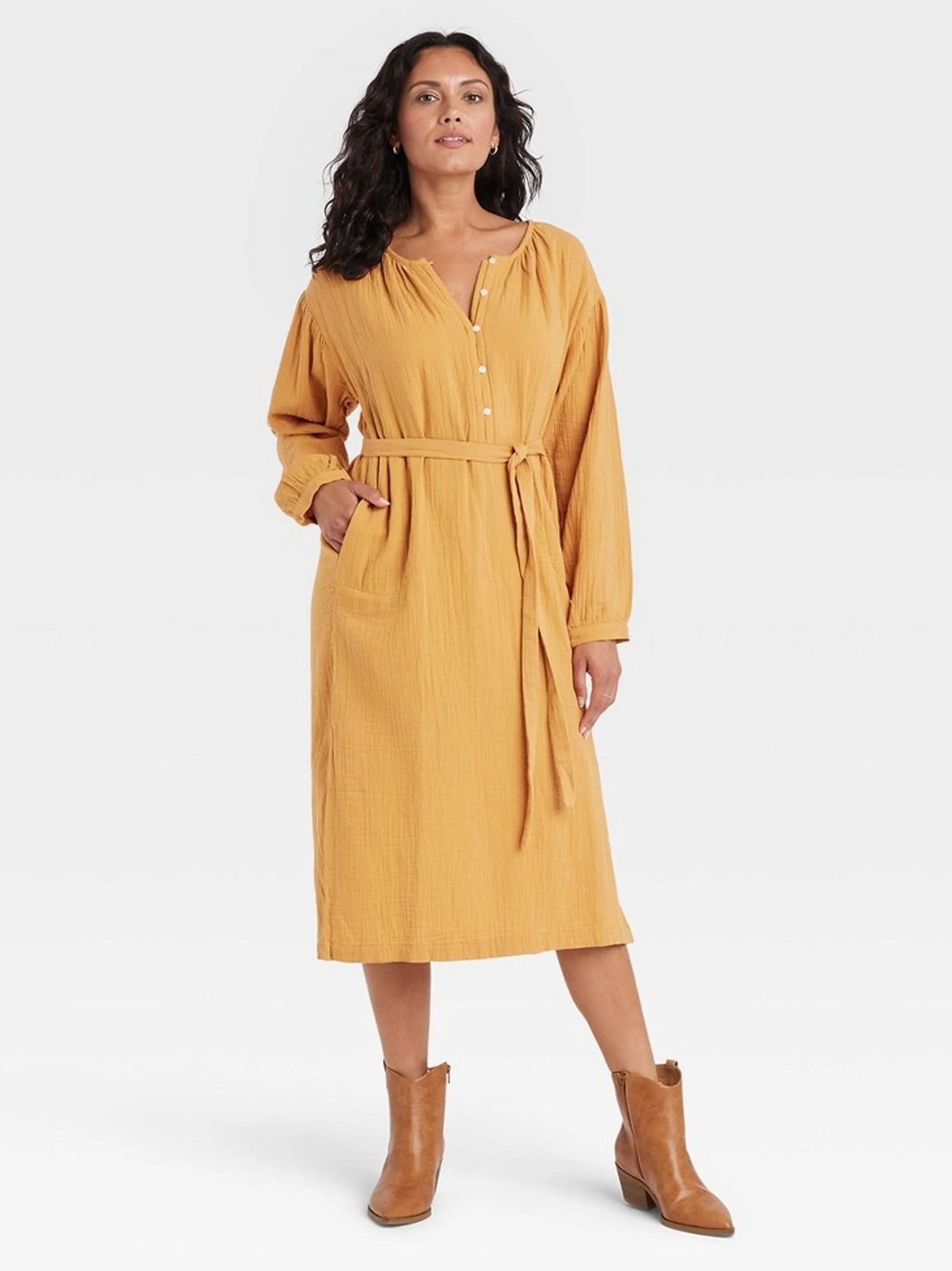 Women's Plain Solid with Belt Dress,Mustard
