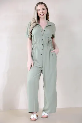 Women's Trendy Partial Button Ruched Thin Waist Pocket Short Sleeve Jumpsuit